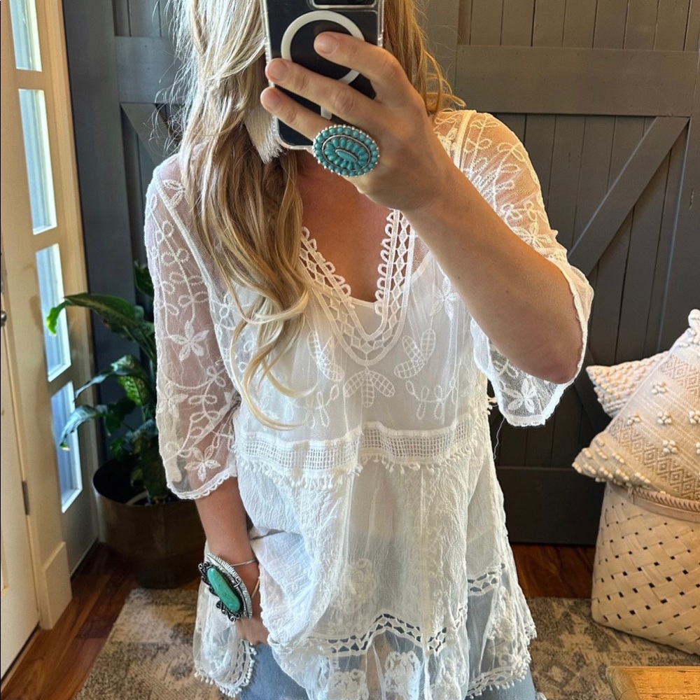 New White Lace Crochet Boho Folk Tunic Blouse Top Cover-Up Womens